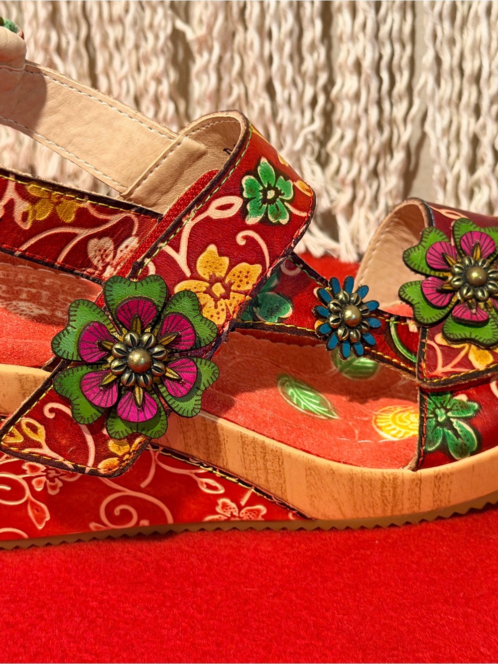 Spring Step L’Artiste Red Floral Platform Slide Sandals with Colorful Accents - Picture 3 of 10